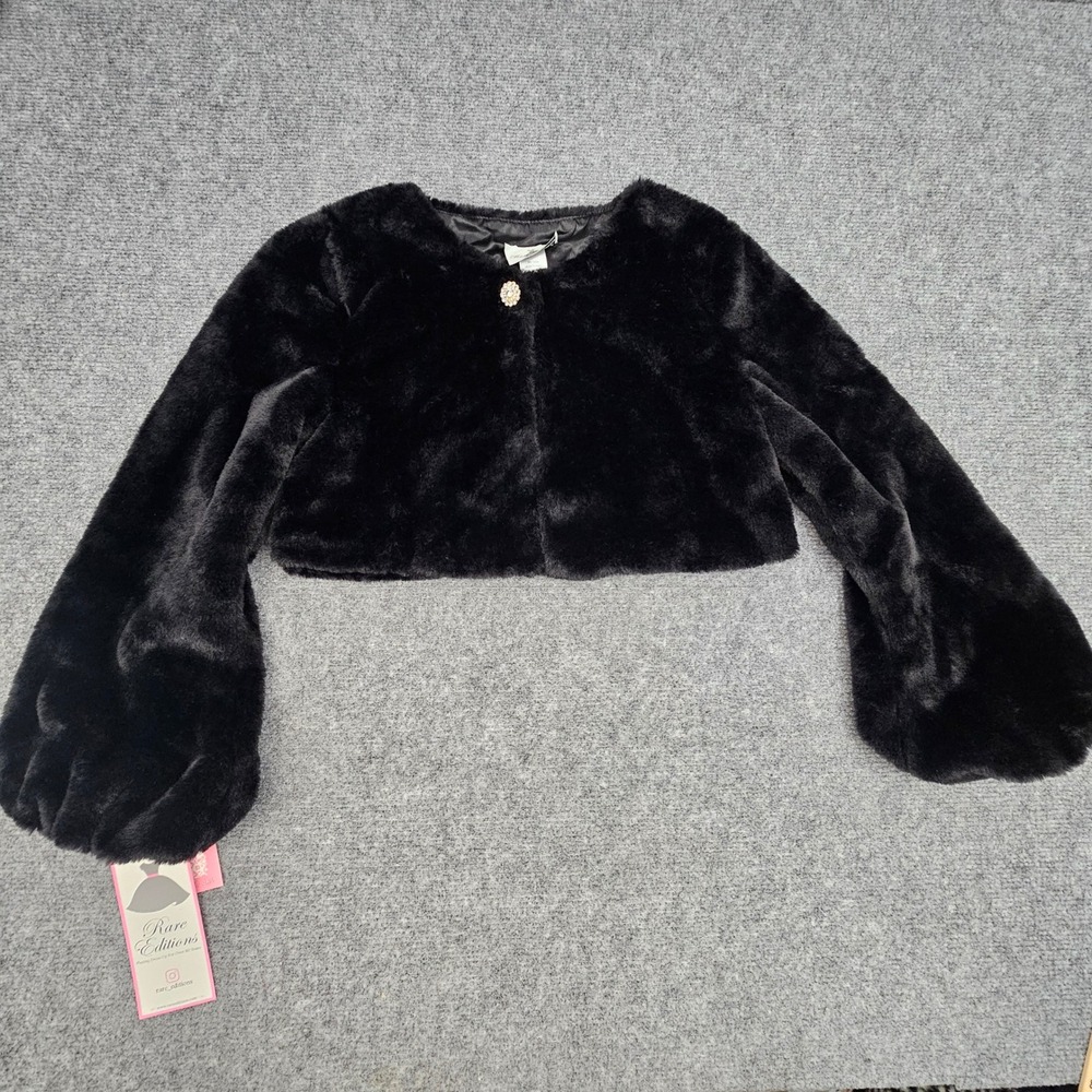 Rare Editions Faux Fur Shrug Girls 12 H469605 Black Rhinestone Button Bolero